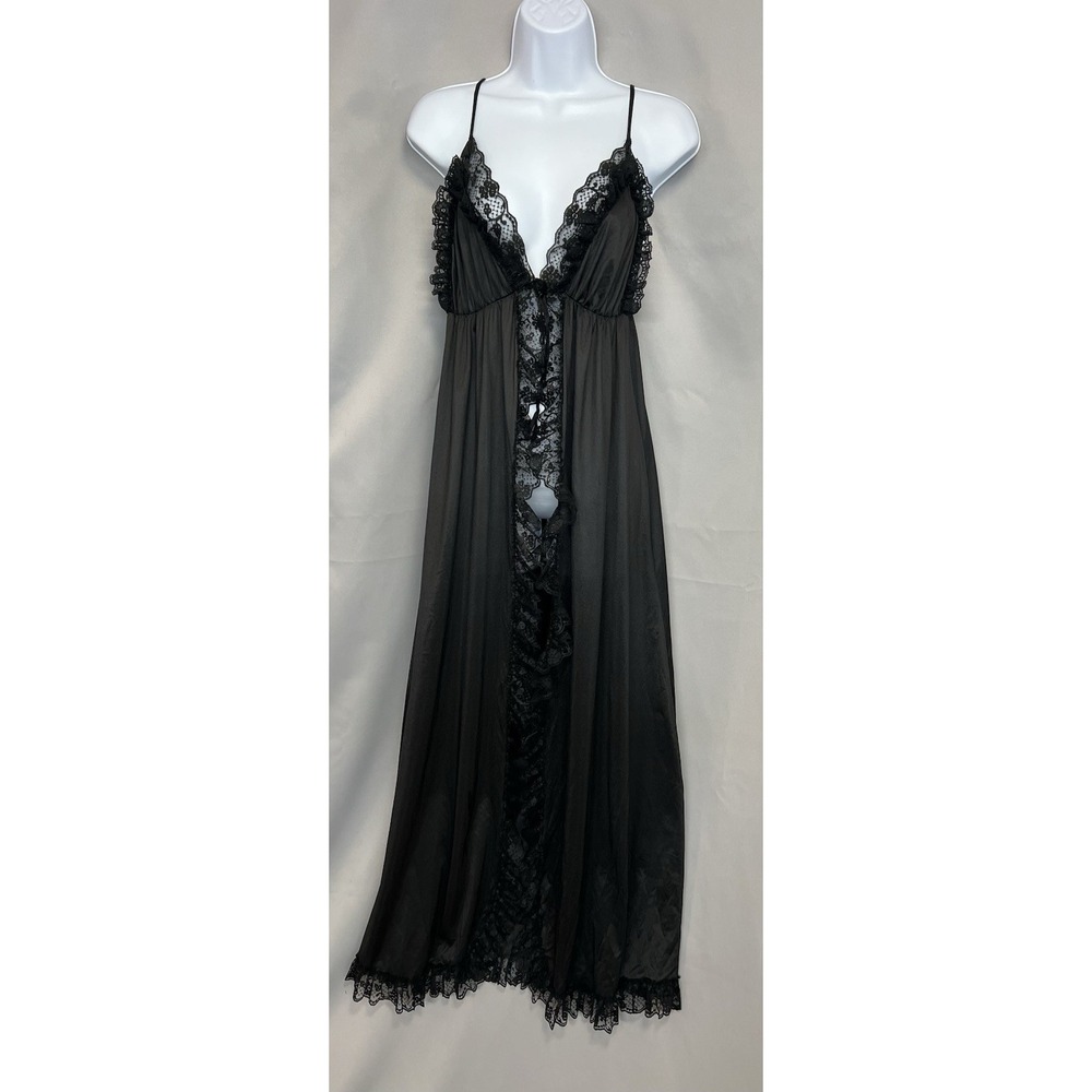Vintage 1980s Erica Loren NY Negligee‎ Peignoir Nightgown Long Lace Black Medium